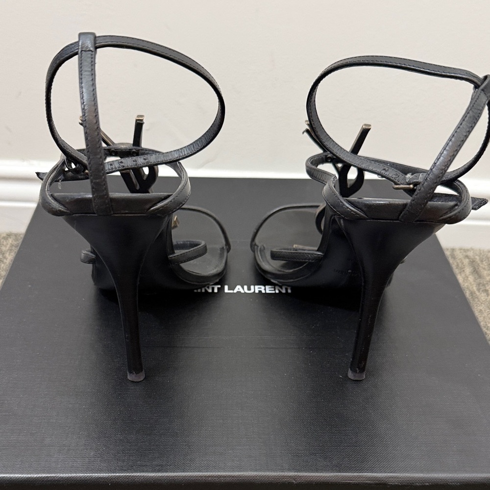 Saint Laurent CASSANDRA Black Strappy Heeled Sandals with Gold YSL size 38.5 - Picture 8 of 11